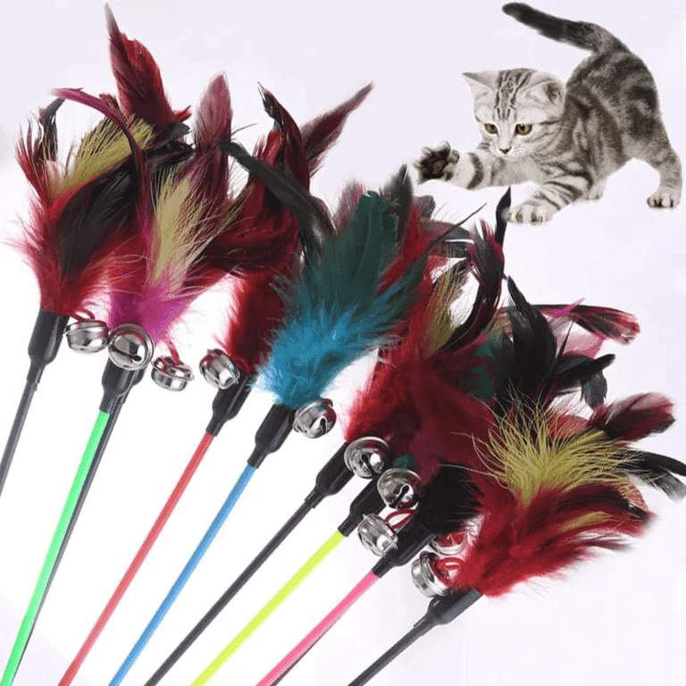 Çıngıraklı ve Tüylü Kedi Oltası - 50 cm Saplı Etkileşimli Oyun Çubuğu