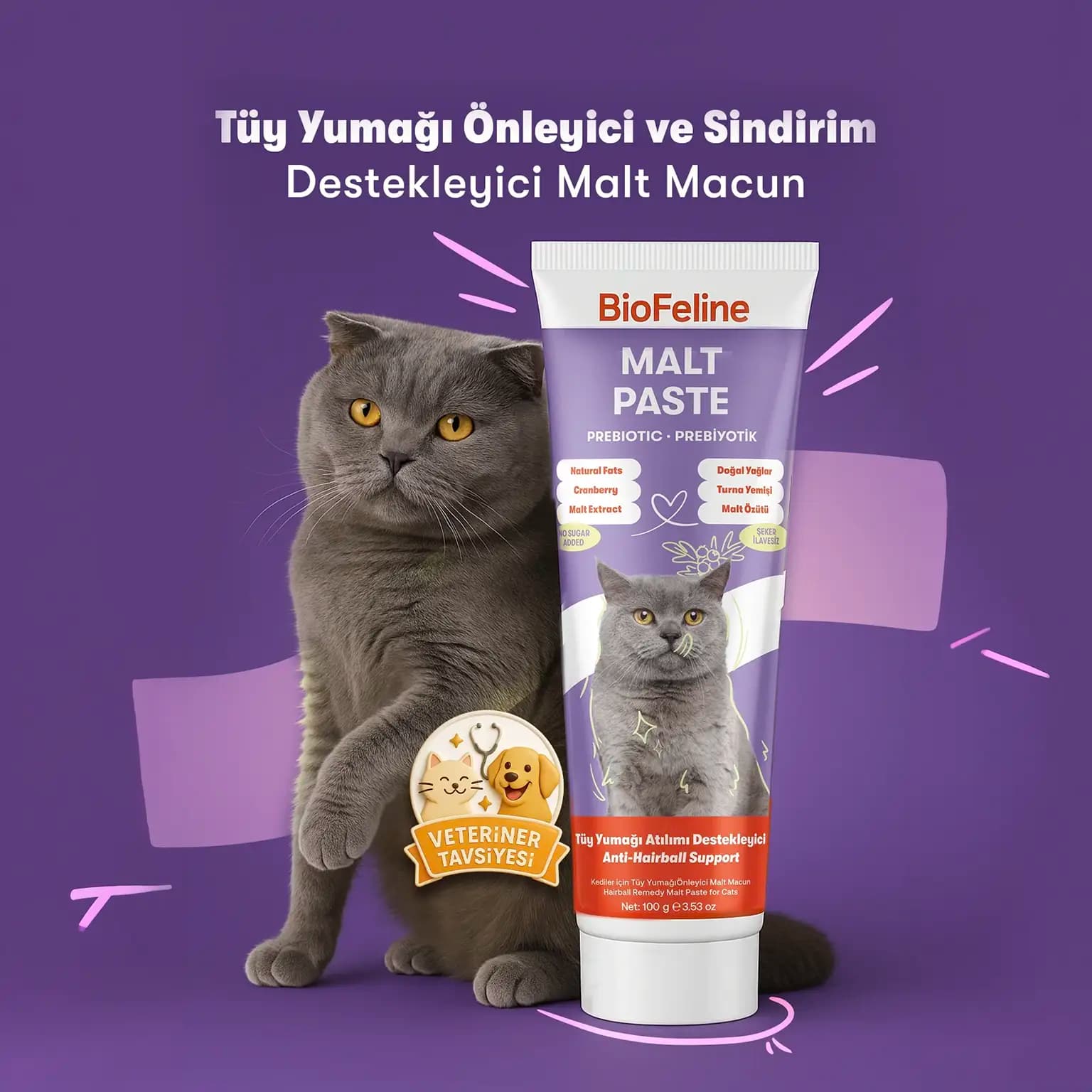Biofeline Malt Paste Anti-Hairball Tüy Yumağı Önleyici Kedi Macunu - 100g