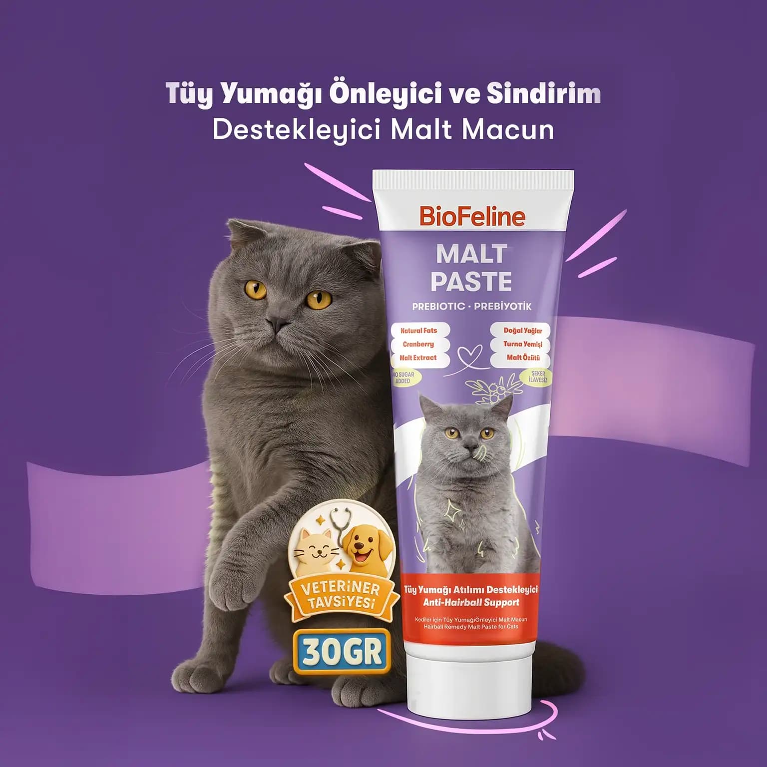 BioFeline Malt Paste Tüy Yumağı Önleyici ve Sindirim Destekleyici Kedi Macunu - 30 gr
