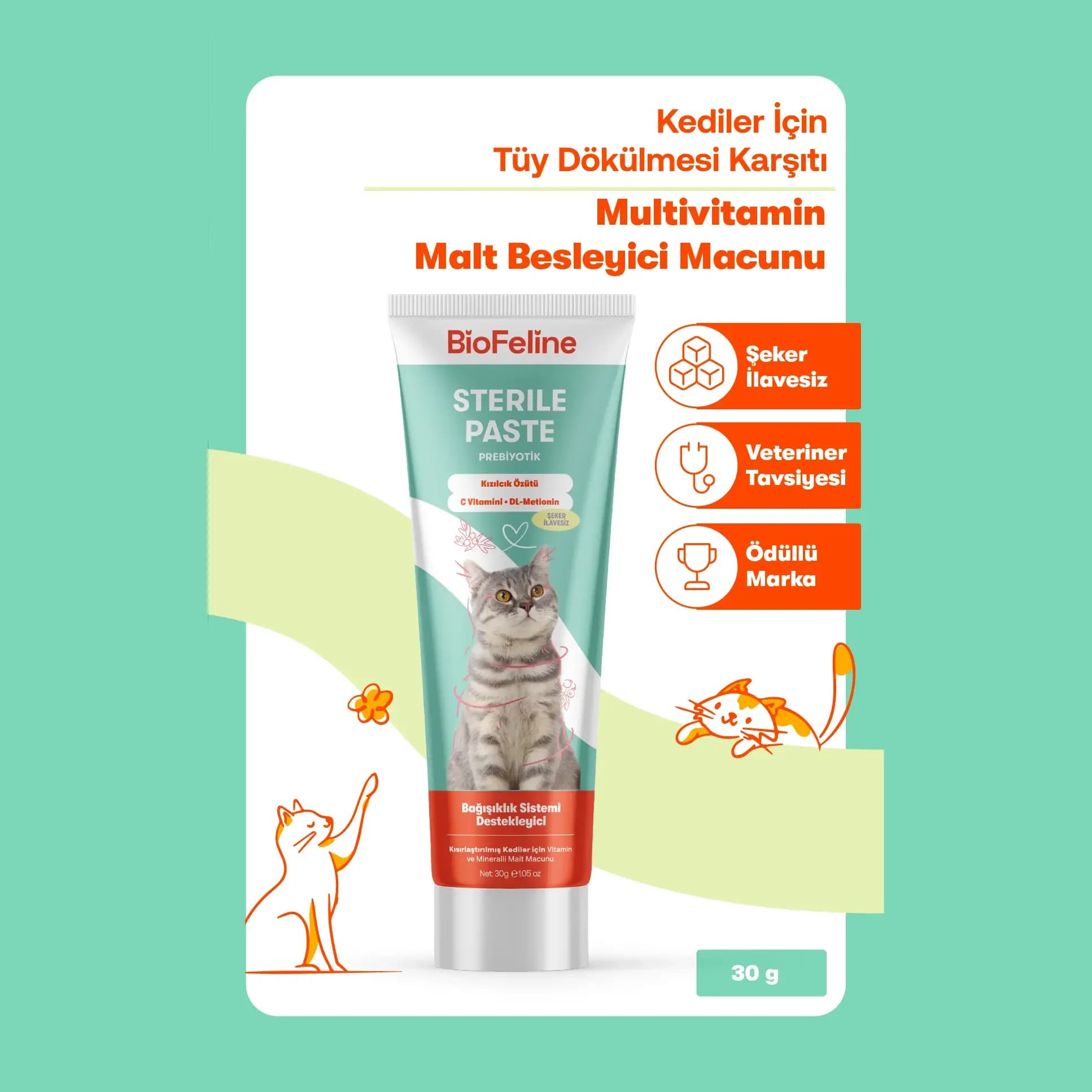 BioFeline Sterile Paste Kısırlaştırılmış Kediler İçin Kızılcık ve DL-Metioninli Malt Macunu - 30 gr