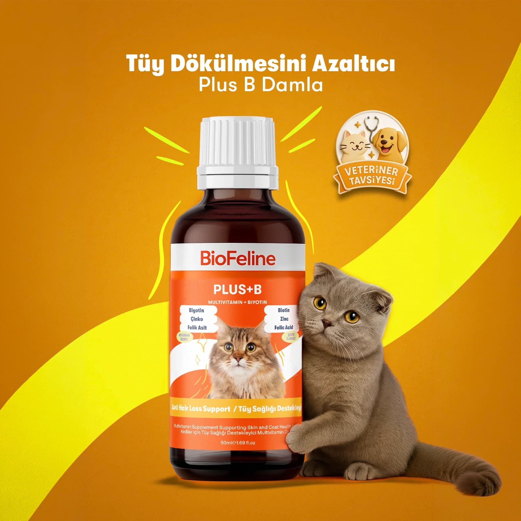 BioFeline Plus+B Kedi Tüy Dökülmesini Azaltan Biotinli Multivitamin Damla - 50 ml