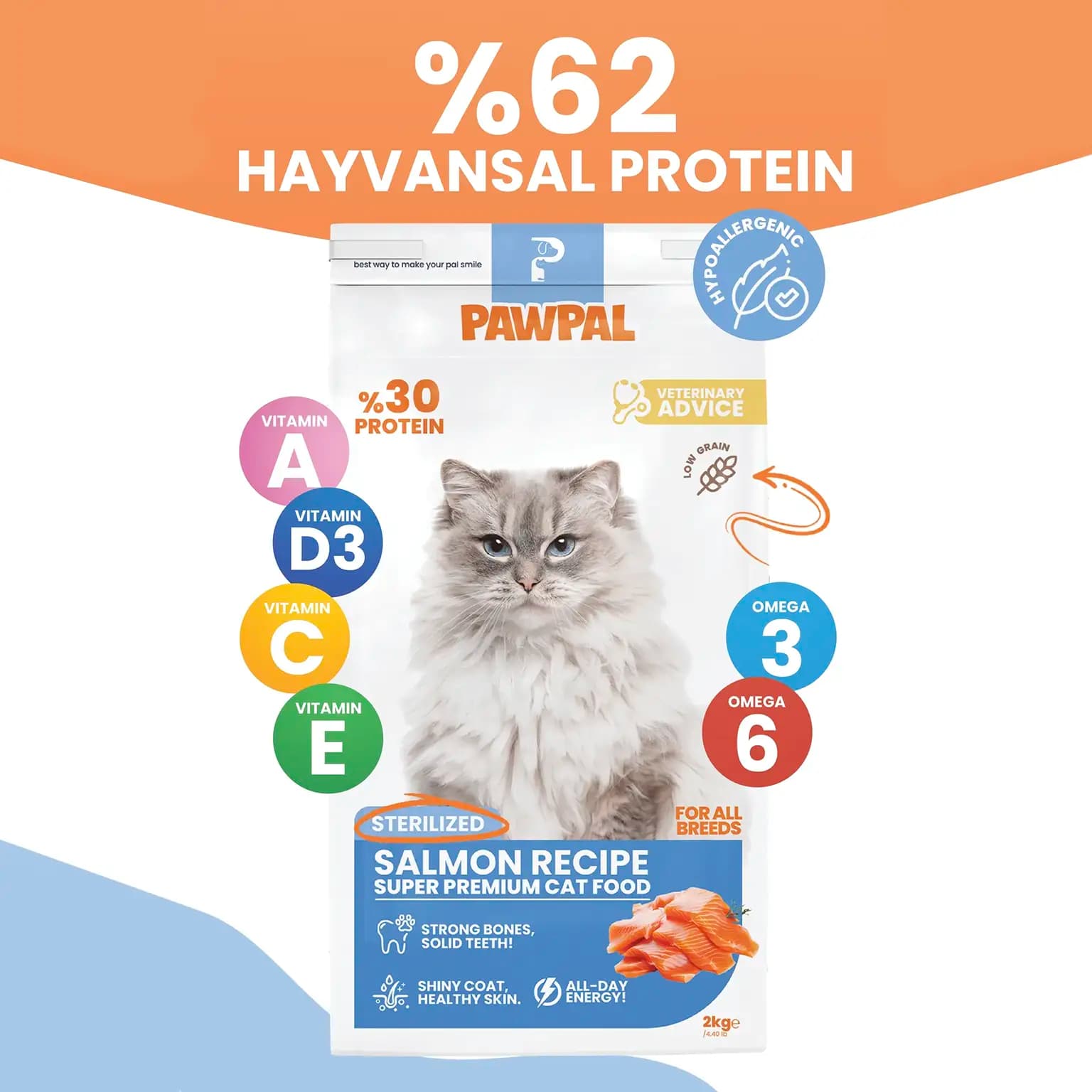 PAWPAL Somonlu Kısırlaştırılmış Kedi Maması 2 Kg - %62 Hayvansal Protein & Omega 3-6 Deposu