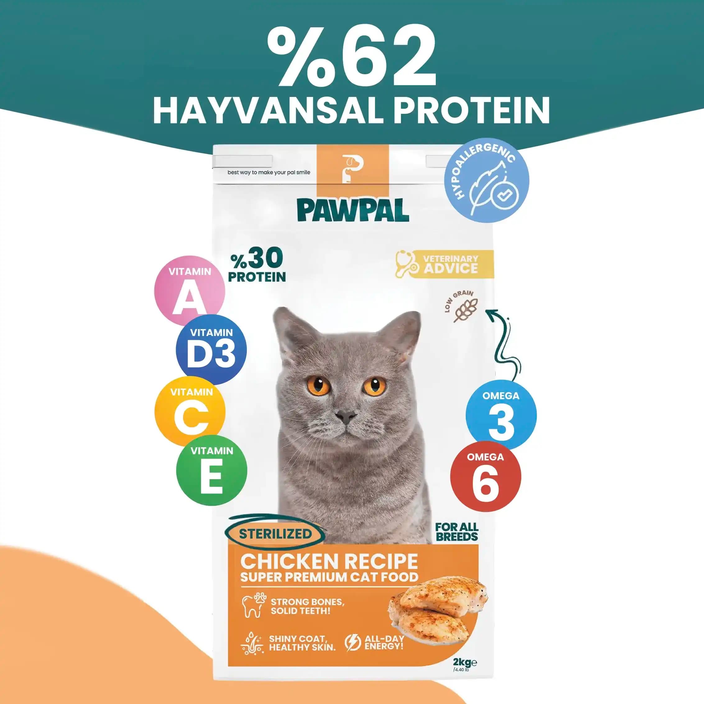 PAWPAL Tavuklu Kısırlaştırılmış Kedi Maması 2 Kg - %62 Hayvansal Protein & L-Karnitin Destekli