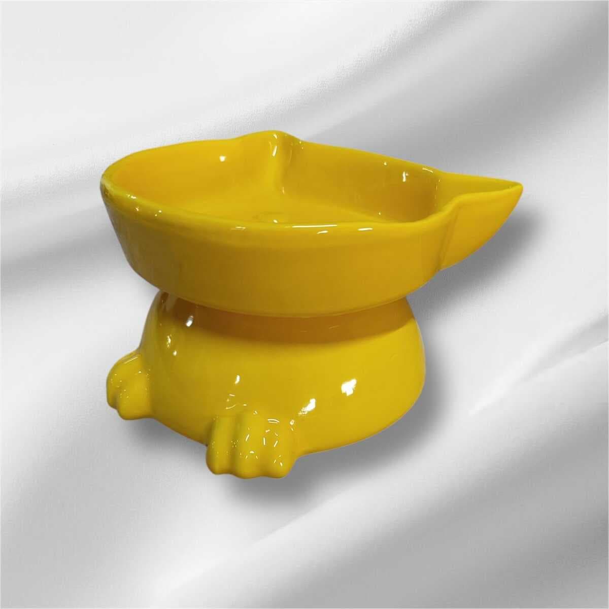 Sarı Ayaklı Kedi Kafası Tasarımlı Seramik Mama ve Su Kabı No:1 (14,5 x 12 cm)