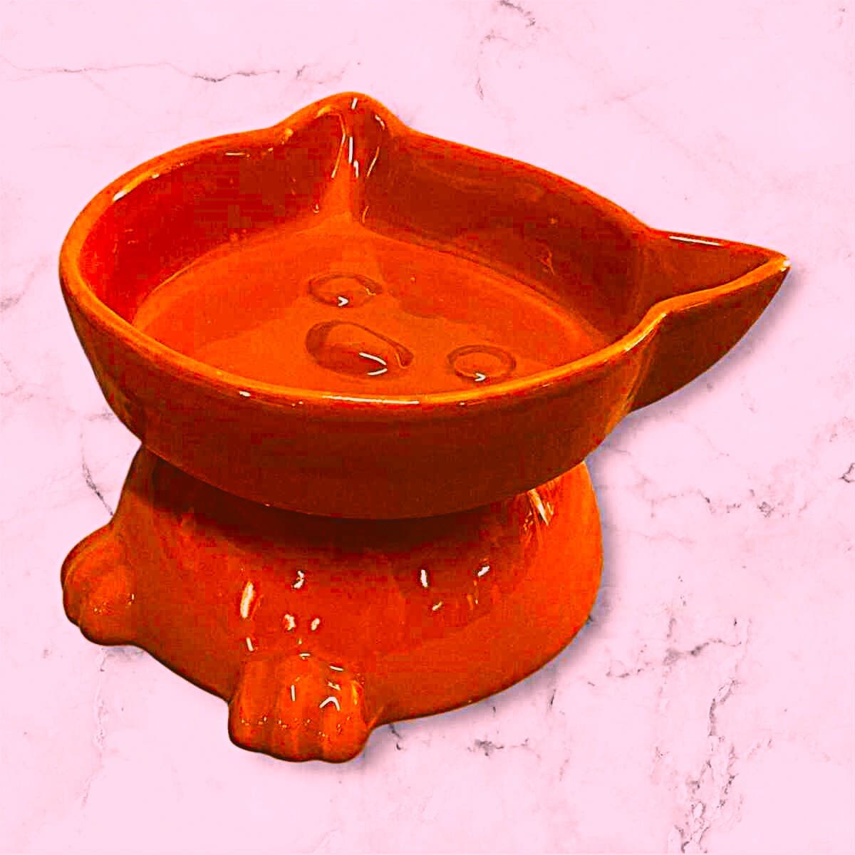 Turuncu Ayaklı Kedi Kafası Tasarımlı Seramik Mama ve Su Kabı 300 ml