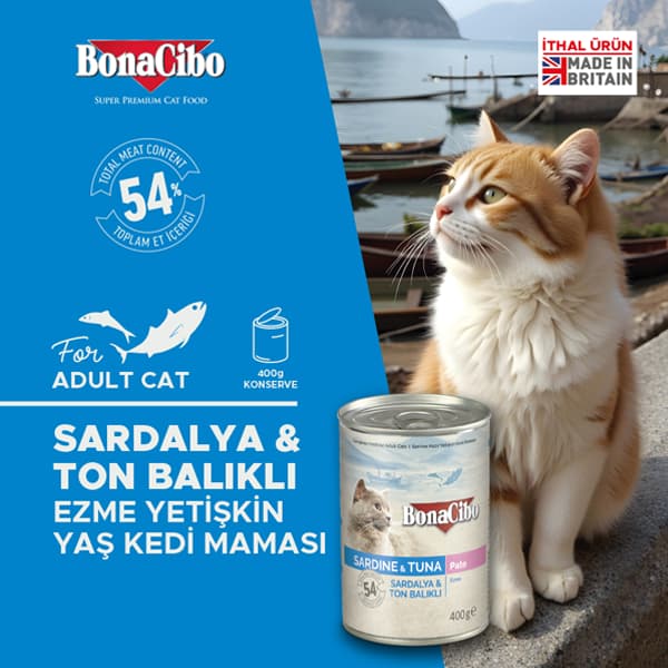 BonaCibo Ezme Sardalya ve Ton Balıklı Yetişkin Yaş Kedi Maması 400 gr