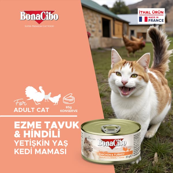 BonaCibo Ezme Tavuklu ve Hindili Yetişkin Kedi Yaş Maması 85 Gr